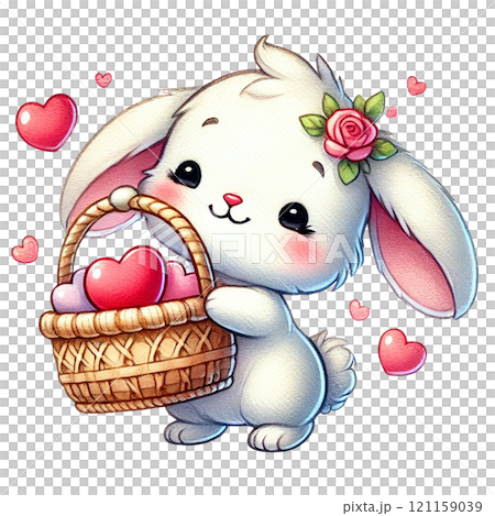 Cute rabbit holding a basket of hearts, perfect for Valentine's day. Valentine's cartoon character. 121159039