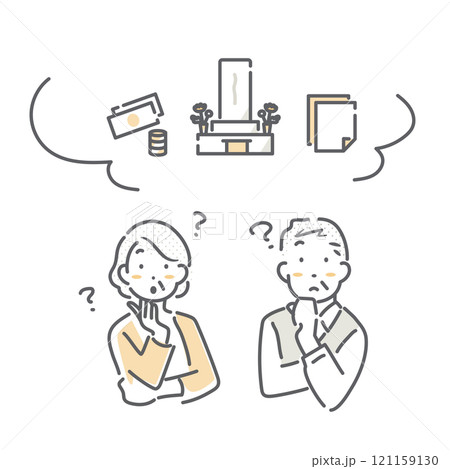 お墓の維持、墓じまいについて考えるシニア夫婦 シンプルでお洒落な線画イラスト お墓の維持、墓じまいについて考えるシニア夫婦 シンプルでお洒落な線画イラスト 121159130