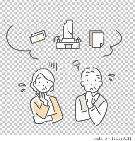 A senior couple thinking about maintaining and closing their graves. A simple and stylish line drawing illustration 121159131