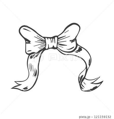 Vector bow for a birthday party. Linear drawing in black and white for the icon festival. A design sketch made by hand on a white isolated background. 121159132