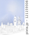 Winter holiday snow falling in the village on hill background. Christmas season paper cut style illustration. 121159308