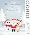 Cute santa claus, snowman and deer in winter, Christmas season illustration. 121159309