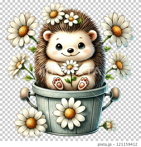 A cute hedgehog surrounded by daisies in a flower pot. Valentine Hedgehog cartoon. 121159412