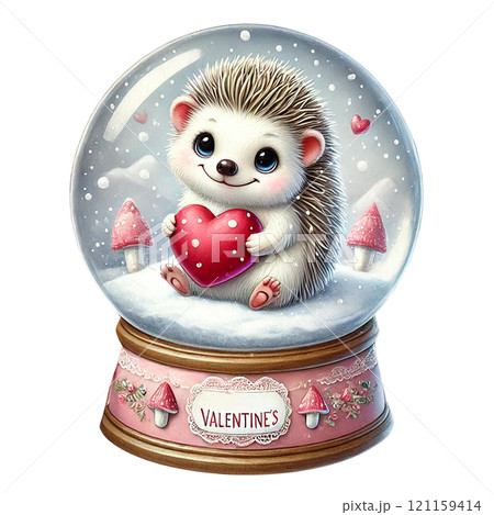 Adorable hedgehog in a snow globe celebrating Valentine's Day. Valentine Hedgehog cartoon. 121159414