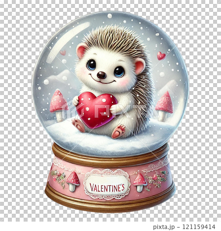 Adorable hedgehog in a snow globe celebrating Valentine's Day. Valentine Hedgehog cartoon. 121159414