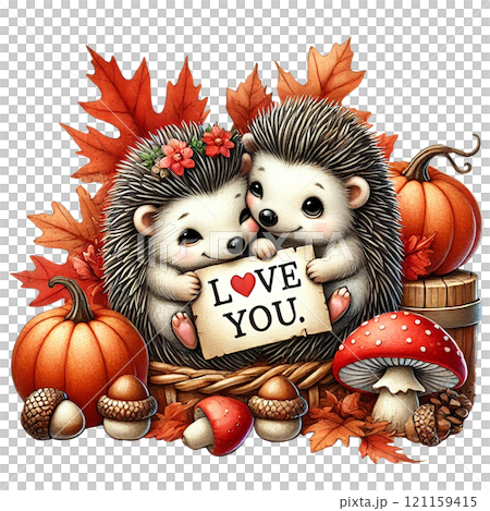 Adorable hedgehogs expressing love amidst autumn elements. Valentine Hedgehog cartoon. 121159415