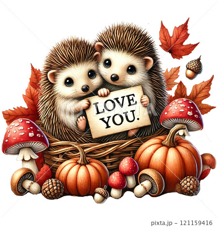 Adorable hedgehogs holding a sign of love among autumn elements. Valentine Hedgehog cartoon. 121159416