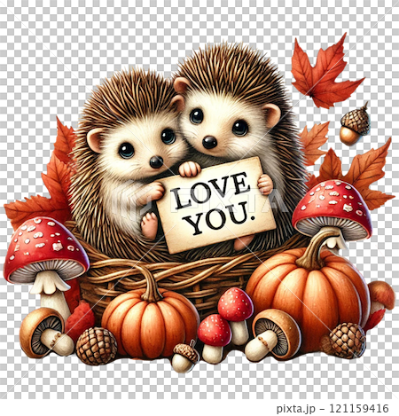 Adorable hedgehogs holding a sign of love among autumn elements. Valentine Hedgehog cartoon. 121159416