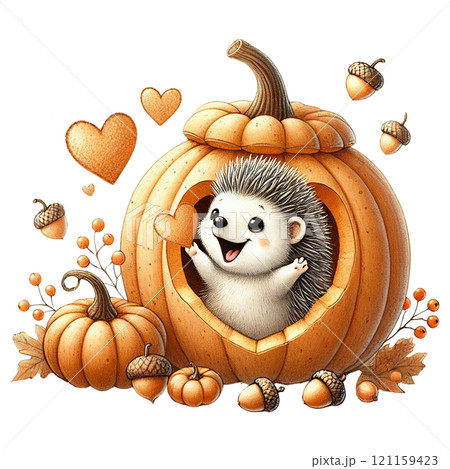 Cute hedgehog celebrating in a pumpkin for autumn festivities. Valentine Hedgehog cartoon. 121159423