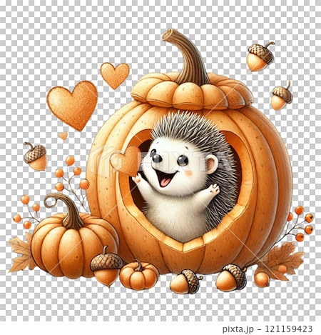 Cute hedgehog celebrating in a pumpkin for autumn festivities. Valentine Hedgehog cartoon. 121159423