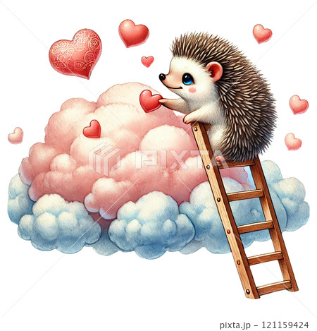 Cute hedgehog climbing a ladder to reach hearts in the clouds. Valentine Hedgehog cartoon. Cute hedgehog climbing a ladder to reach hearts in the clouds. Valentine Hedgehog cartoon. 121159424