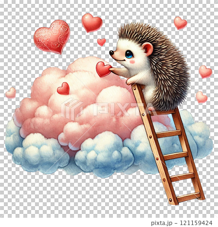 Cute hedgehog climbing a ladder to reach hearts in the clouds. Valentine Hedgehog cartoon. Cute hedgehog climbing a ladder to reach hearts in the clouds. Valentine Hedgehog cartoon. 121159424