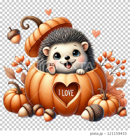 Cute hedgehog in pumpkin surrounded by autumn leaves and acorns. Valentine Hedgehog cartoon. 121159433