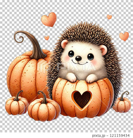 Cute hedgehog nestled in pumpkins, perfect for autumn themes. Valentine Hedgehog cartoon. 121159434