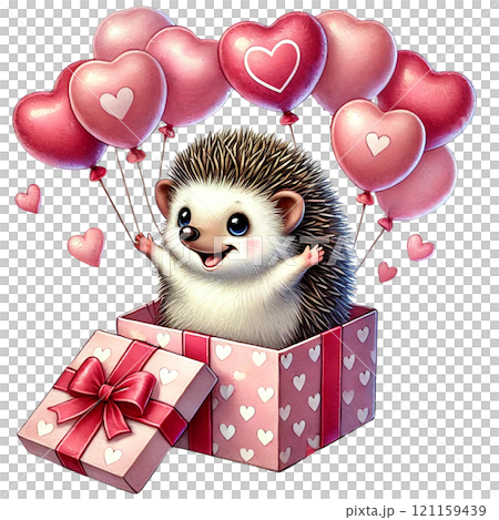 Cute hedgehog with heart balloons celebrating love and joy. Valentine Hedgehog cartoon. 121159439