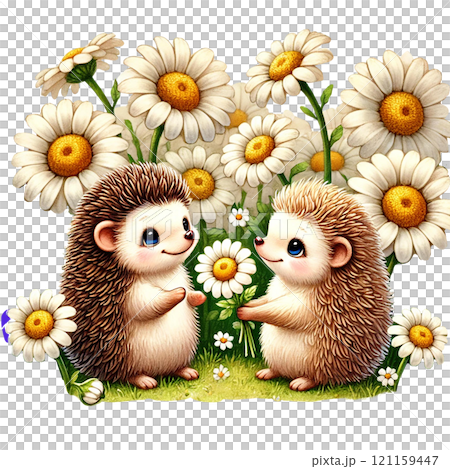 Two adorable hedgehogs sharing a daisy in a flower field. Valentine Hedgehog cartoon. 121159447