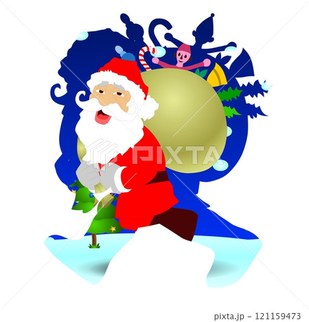 Santa Claus is joyfully depicted carrying a large sack filled with gifts  121159473