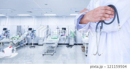 Concept of patient treatment, patient room, operating room in hospital, blurred image 121159504