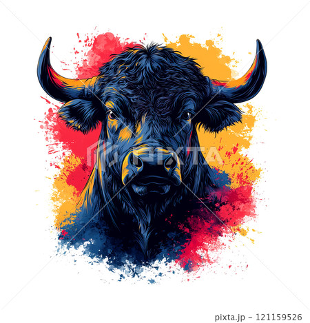 Vibrant artistic bull head with splashes of red, yellow, and blue, featuring bold lines and expressive details, symbolizing power and strength. Animal head painting. 121159526