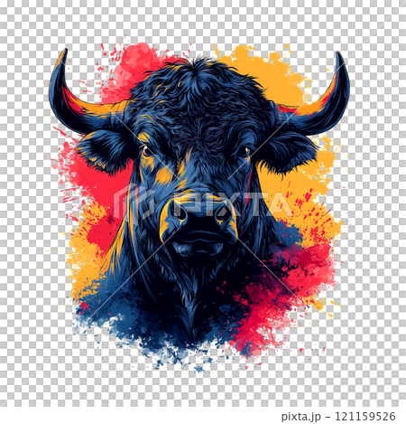 Vibrant artistic bull head with splashes of red, yellow, and blue, featuring bold lines and expressive details, symbolizing power and strength. Animal head painting. 121159526
