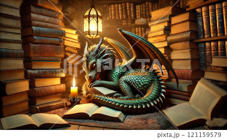 書物の山で眠る幻想的なドラゴンとランプの光 書物の山で眠る幻想的なドラゴンとランプの光 121159579