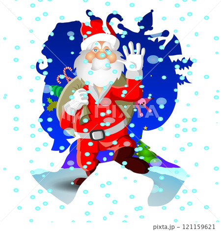Santa Claus, dressed in his classic red suit, is joyfully waving amidst a flurry of snowflakes. 121159621