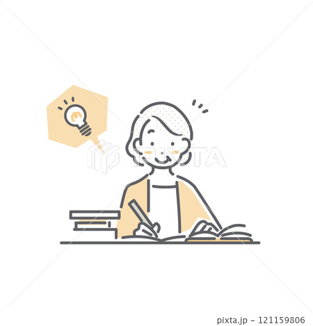 意欲的に勉強をするシニア女性 シンプルでお洒落な線画イラスト 意欲的に勉強をするシニア女性 シンプルでお洒落な線画イラスト 121159806
