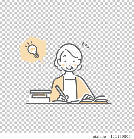 意欲的に勉強をするシニア女性 シンプルでお洒落な線画イラスト 意欲的に勉強をするシニア女性 シンプルでお洒落な線画イラスト 121159806