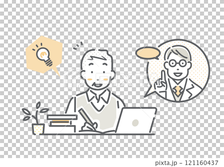 Senior man taking an online course Simple and stylish line drawing illustration 121160437