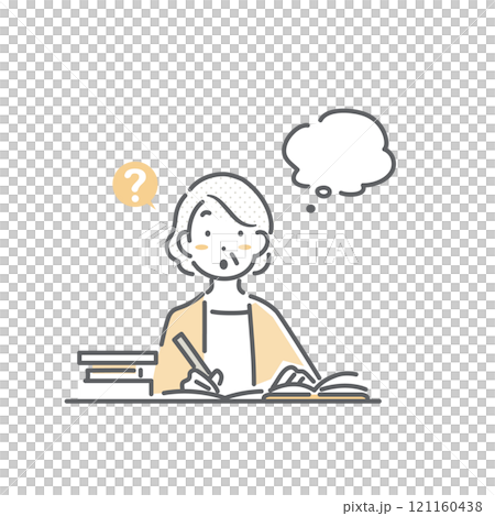A senior woman who encounters a question while studying. Simple and stylish line drawing illustration A senior woman who encounters a question while studying. Simple and stylish line drawing illustration 121160438
