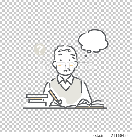 A senior man who encounters a question while studying. Simple and stylish line drawing illustration 121160439