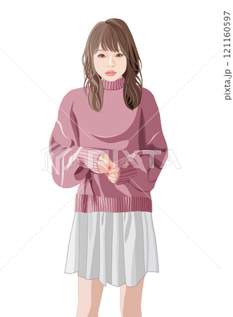セーターを着て立つ若い女性イラスト セーターを着て立つ若い女性イラスト 121160597