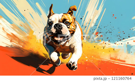 ポップカラーを背景にブルドックが走る 121160764