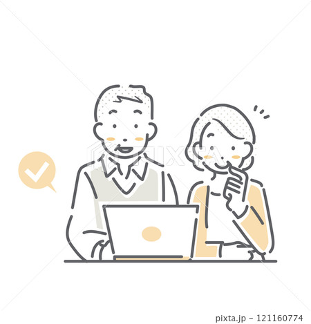 インターネットで申し込みをするシニア夫婦　シンプルでお洒落な線画イラスト 121160774
