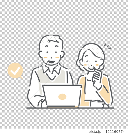 インターネットで申し込みをするシニア夫婦　シンプルでお洒落な線画イラスト 121160774