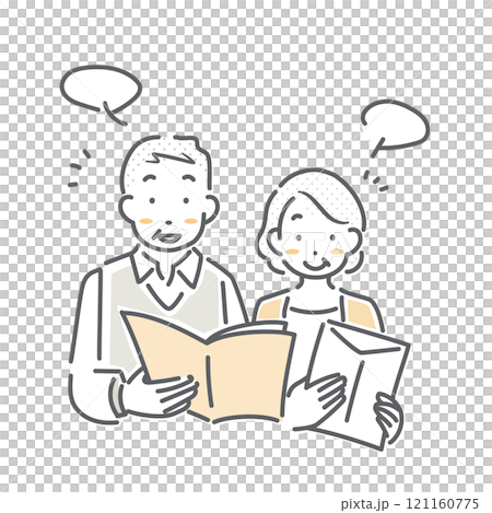 一幅簡單而時尚的線條畫插圖，描繪了一對年長夫婦一邊看著發送給他們的小冊子一邊交談的插圖。 121160775