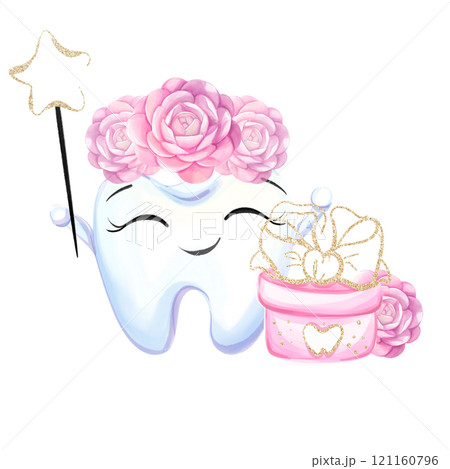 Watercolor gifts from fairy tooth with roses and with a magic wand. Congratulation first teeth. Dental clip art Watercolor gifts from fairy tooth with roses and with a magic wand. Congratulation first teeth. Dental clip art 121160796