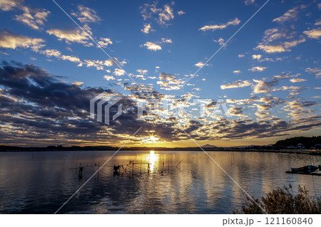 涸沼夕景と筑波山【茨城県茨城町親沢の鼻側】 121160840