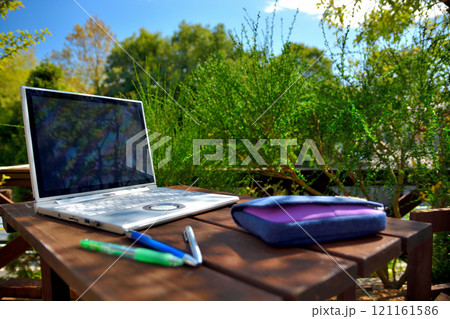 青空の下で在宅勤務、自宅の庭のウッドデッキで仕事やキャンプをするイメージ(30) 青空の下で在宅勤務、自宅の庭のウッドデッキで仕事やキャンプをするイメージ(30) 121161586
