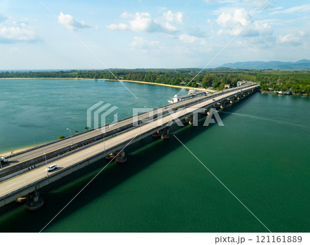 Aerial view of Sarasin bridge road transportation background concept The bridge is a between Phang Nga and Phuket island Thailand The bridge is the most important in making business and transportation Aerial view of Sarasin bridge road transportation background concept The bridge is a between Phang Nga and Phuket island Thailand The bridge is the most important in making business and transportation 121161889