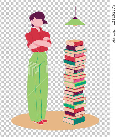 山積みの本と腕組みする女性 121162575