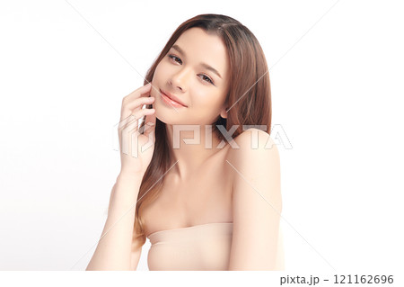 Beautiful young asian woman with clean fresh skin on white background, Face care, Facial treatment, Cosmetology, beauty and spa, Asian women portrait. 121162696