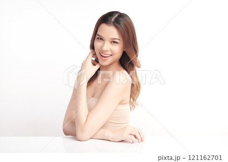 Beautiful young asian woman with clean fresh skin on white background, Face care, Facial treatment, Cosmetology, beauty and spa, Asian women portrait. 121162701