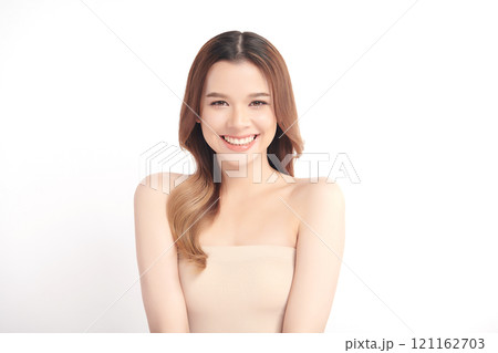 Beautiful young asian woman with clean fresh skin on white background, Face care, Facial treatment, Cosmetology, beauty and spa, Asian women portrait. Beautiful young asian woman with clean fresh skin on white background, Face care, Facial treatment, Cosmetology, beauty and spa, Asian women portrait. 121162703