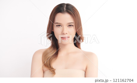 Beautiful young asian woman with clean fresh skin on white background, Face care, Facial treatment, Cosmetology, beauty and spa, Asian women portrait. 121162704