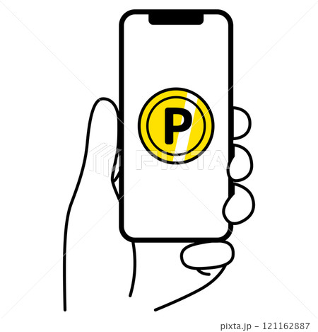 ポイントが表示された画面のスマートフォンを持つ手 121162887