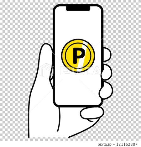 ポイントが表示された画面のスマートフォンを持つ手 121162887