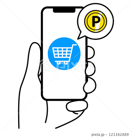 カートとポイントが表示された画面のスマートフォンを持つ手 121162889