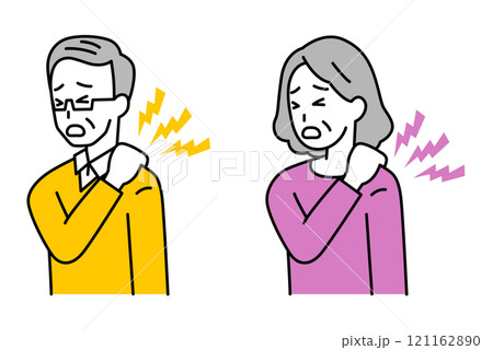 肩こりがつらい年配の男女　セット 121162890