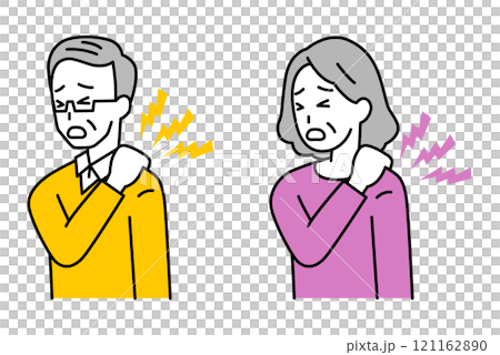 肩こりがつらい年配の男女　セット 121162890